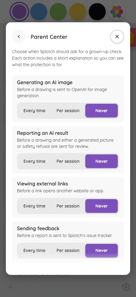Settings · Parent Center in light mode at iPhone 16 Pro Max in portrait