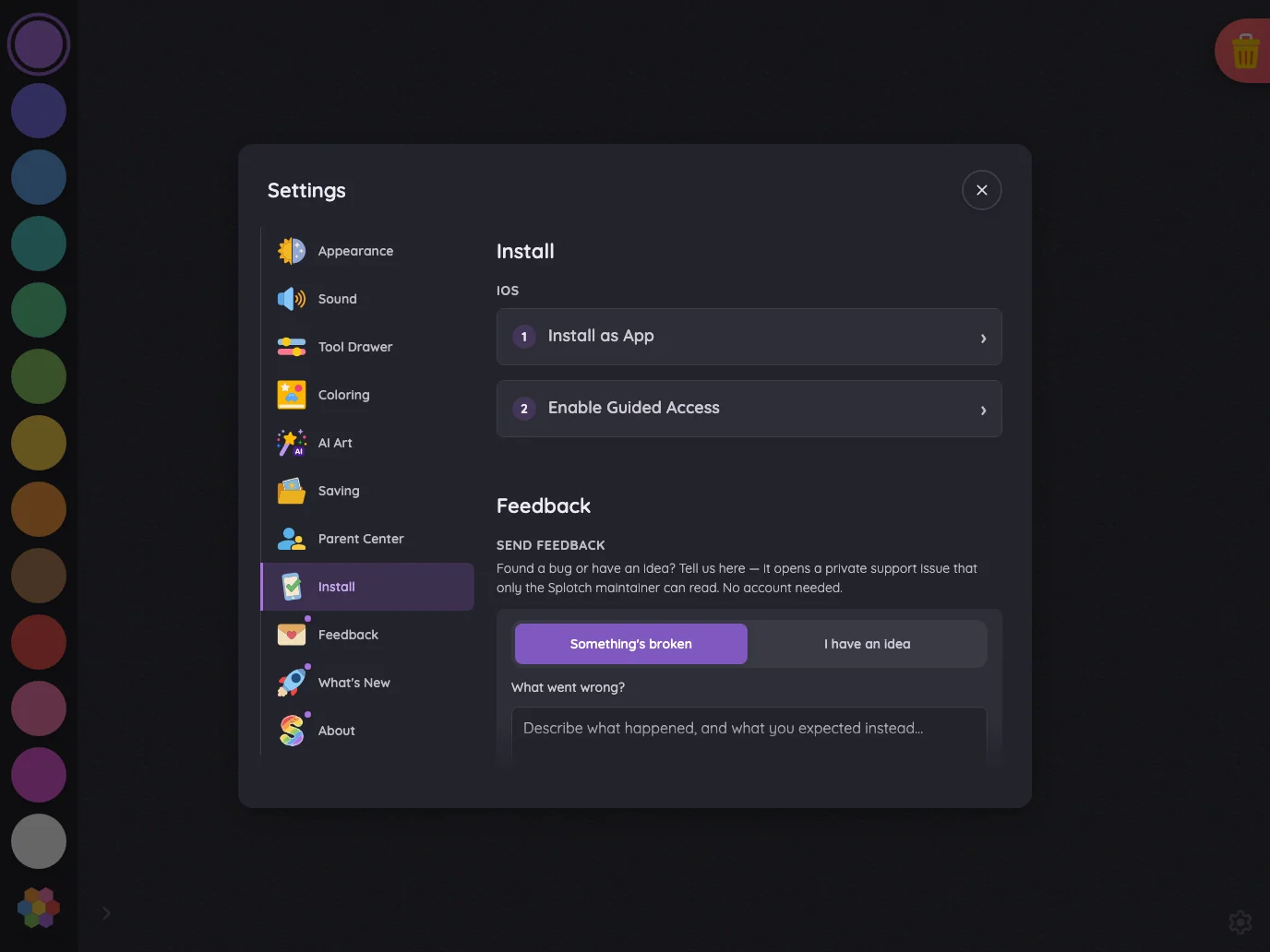 Settings · Install in night mode at iPad Pro 13-inch (M4) in landscape